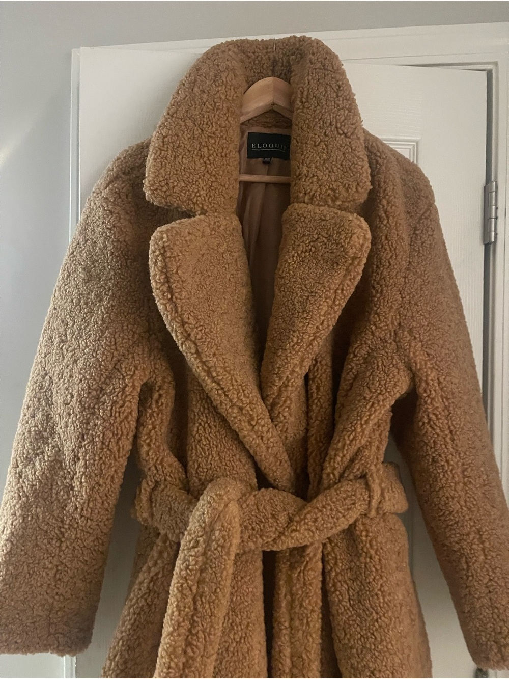 Eloquii Plush Teddy Wrap Coat in Camel Brown